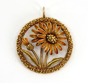 French 18 Kt Gold Enameled Daisy Pendant