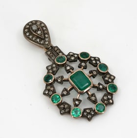 Sterling Silver Emerald and Diamond Pendant