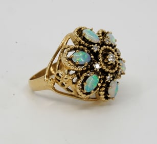 14 kt Gold Ring with Opals and Diamond Accents