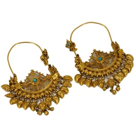 Traditional Middle Eastern 18 Kt Gold Earrings with Turquoise Insets
