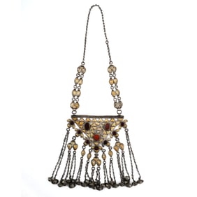 Turkoman Gilded-Silver Ornamental Necklace with Carnelian and Glass