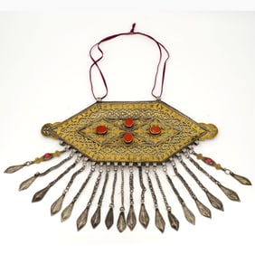 Turkoman Silver Ornamental Necklace with Gold Wash & Carnelian Stones
