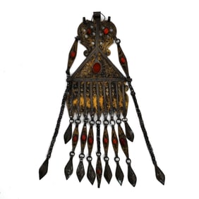 Turkoman Gold-Washed Silver and Carnelian Head Dress Pendant