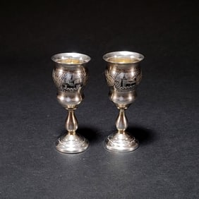Pair of Russian Niello Silver Vodka Goblets