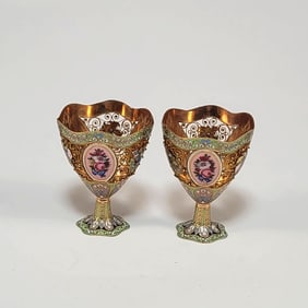 Pair of Swiss 18 Kt Gold and Enameled Zarfs for Turkish Market