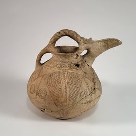 Early Iranian Earthenware Spouted Jar with Braided Handle