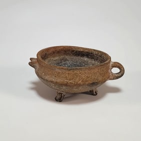 Early Iranian Earthenware Three Legged Bowl with Loop Handle