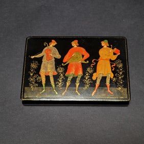 Signed Russian Palekh Lacquered Box with Frog Princess Scene