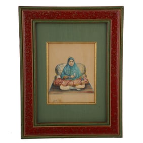 Signed Persian Qajar Watercolor Portrait of a Lady