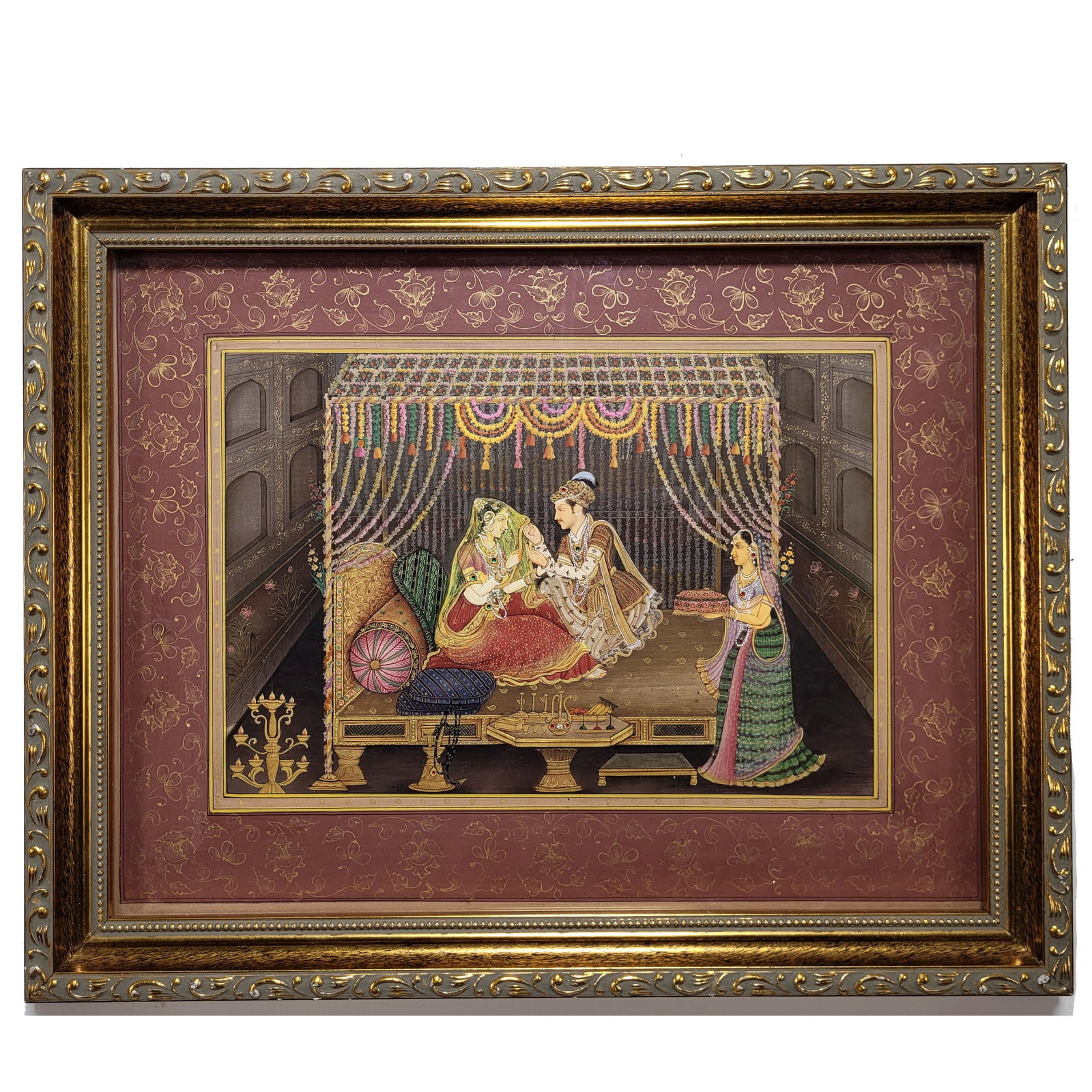 Navneet Parikh, The First Time (Suhag Raat), Indian Gouache on Paper: Indian Mughal-style miniature painting titled "The First Time (Suhag Raat)" by Navneet Parikh. Gouache watercolor on paper with bejeweled detailing. The painting is banded by a mauve border with gilt 