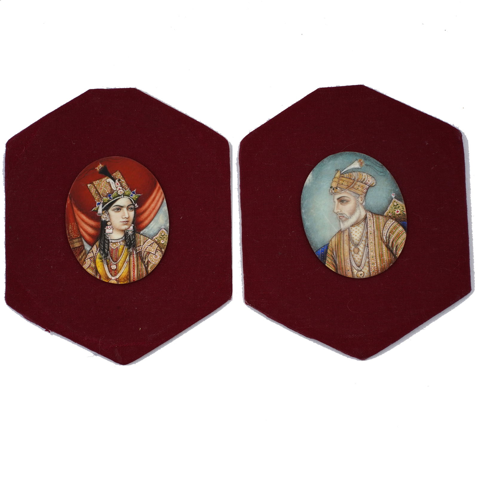 Pair of Indian Miniature Portraits of Shah Jahan & Mumtaz.: Pair of Indian miniature portraits of Shah Jahan & Mumtaz. The portraits of the Mughal Emperor and his chief consort are oval-shaped and mounted on hexagonal, wrapped panels. Dimensions: 4 x 3 1/4 inc