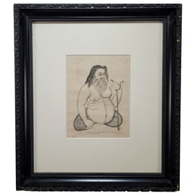 Signed Anglo-Indian Pencil on Paper Drawing of Ascete