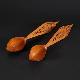 Pair of Qajar Persian Fruitwood Ladles with Calligraphy