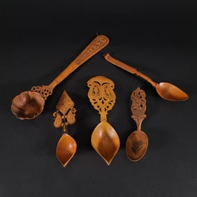 Mixed Lot of Five Qajar Persian Fruitwood Spoons & Ladles