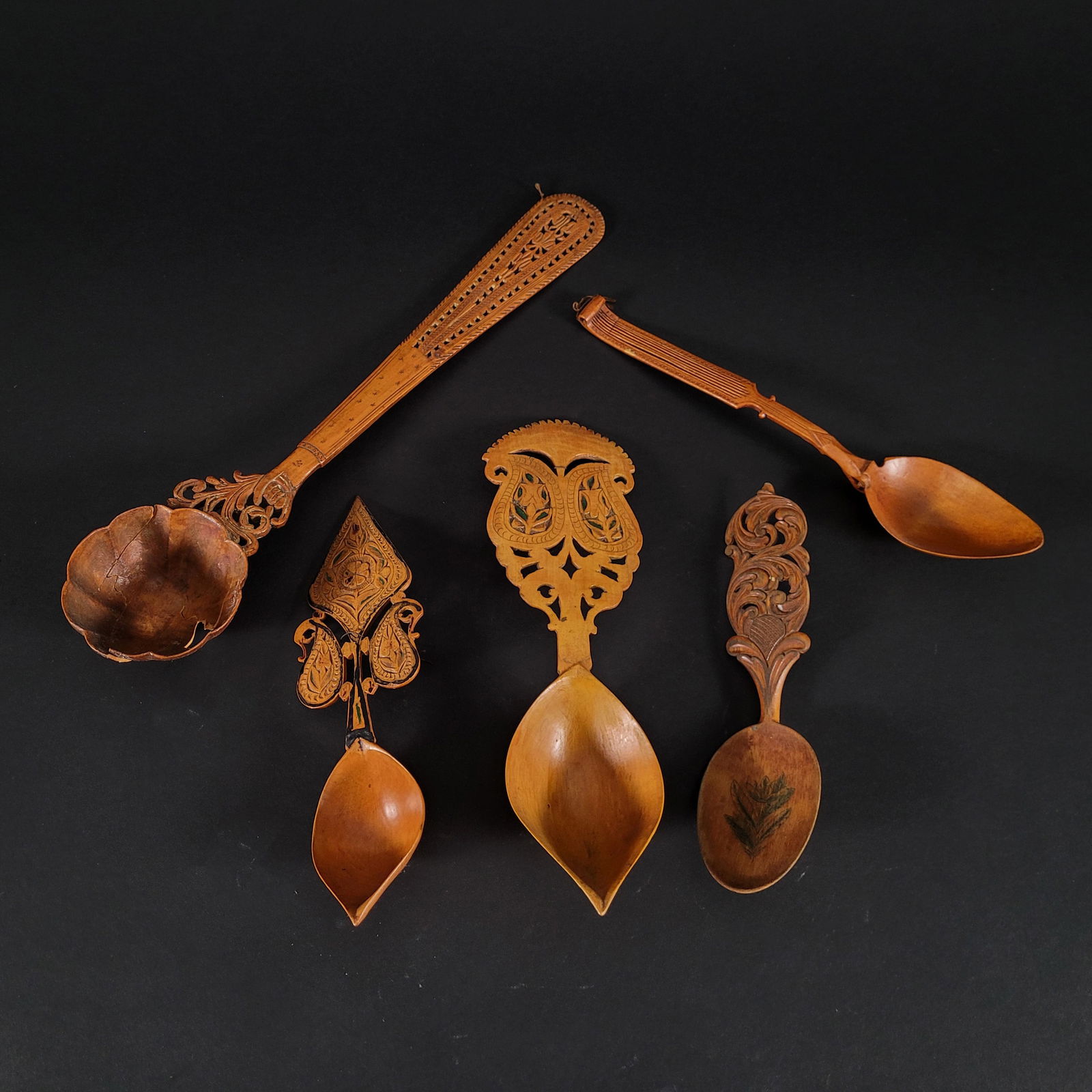 Mixed Lot of Five Qajar Persian Fruitwood Spoons & Ladles (1 of 2)