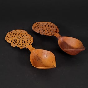 Pair of Qajar Persian Fruitwood Ladles with Boteh Designs