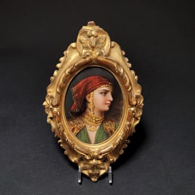 German Oil on Porcelain Miniature Painting Reproduction of Egyptienne