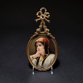 German Oil on Porcelain Miniature Painting Reproduction of L'Odalisque