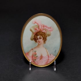 European Framed Miniature Portrait of a Young Lady, Signed
