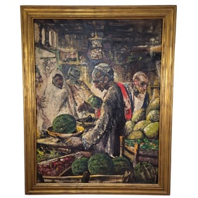 Signed Large Persian Oil on Canvas Market Scene
