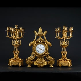 Freres & Picard, Large Gilded Bronze Clock & Candelabra set