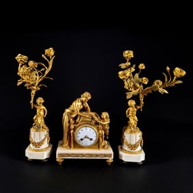 European Three Piece Gilded Bronze & Marble Clock Set