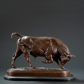 Isidore Bonheur (1827-1901), "Charging Bull", Bronze Sculpture on Base