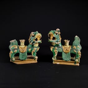Pair of Chinese Glazed Porcelain Foo Dog Tiles