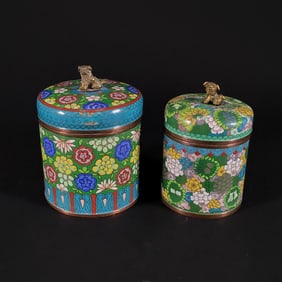 Lot of Two Chinese Brass Cloisonne Tea Caddies, No Reserve
