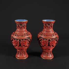 Pair of Chinese Lacquered Cinnabar Vases, No Reserve