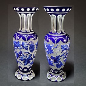 Lot of Two Czech/Bohemian Cobalt Cut-to-Clear Cased Glass Vases