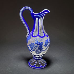 Czech/Bohemian Cobalt Cut-to-Clear Glass Pitcher