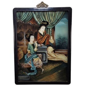 Chinese Reverse Glass Painting of Two Ladies, No Reserve