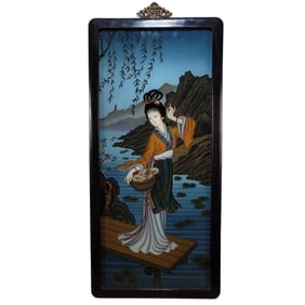 Chinese Reverse Glass Portrait of a Seaside Maiden, No Reserve
