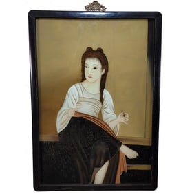 Chinese Reverse Glass Painting of a Needlewoman, No Reserve
