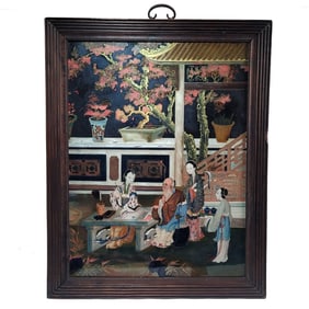 Chinese Reverse Painting on Glass Depicting Courtyard Study
