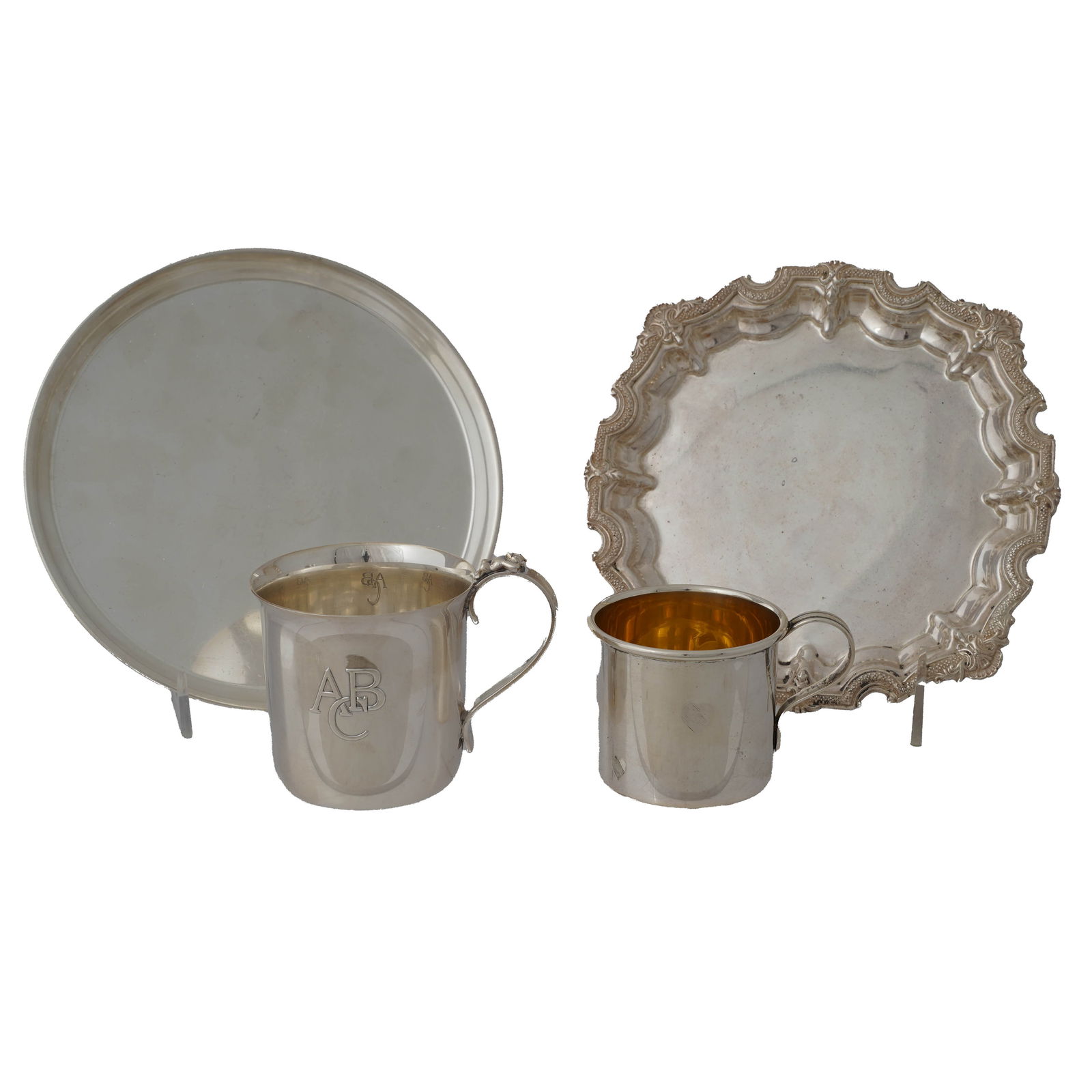 Mixed Lot of Silver Silver Dishes and Cups: Mixed lot of continental sterling and .900 silver cups and trays. One cup is a Tiffany & Co. Spain, Sterling Teddy Bear cup. The other a Links London .925 sterling silver cup. One tray is marked sterl