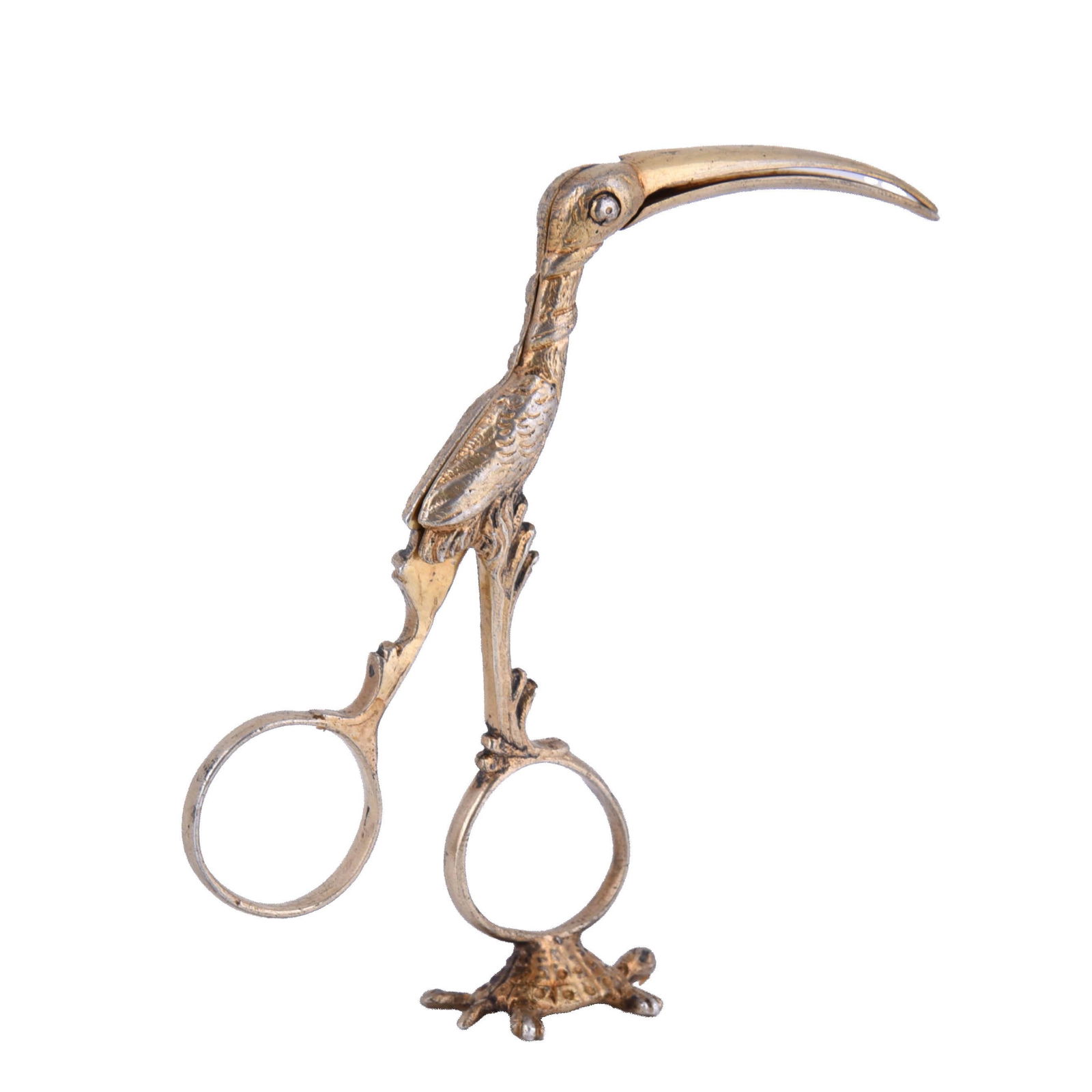 A Silver Umbilical Chord Clamp: A Silver umbilical chord clamp in the form of a stork standing on top a turtle. Baby inside one handle. Height 3 3 /4 inches. weight 40 grams.