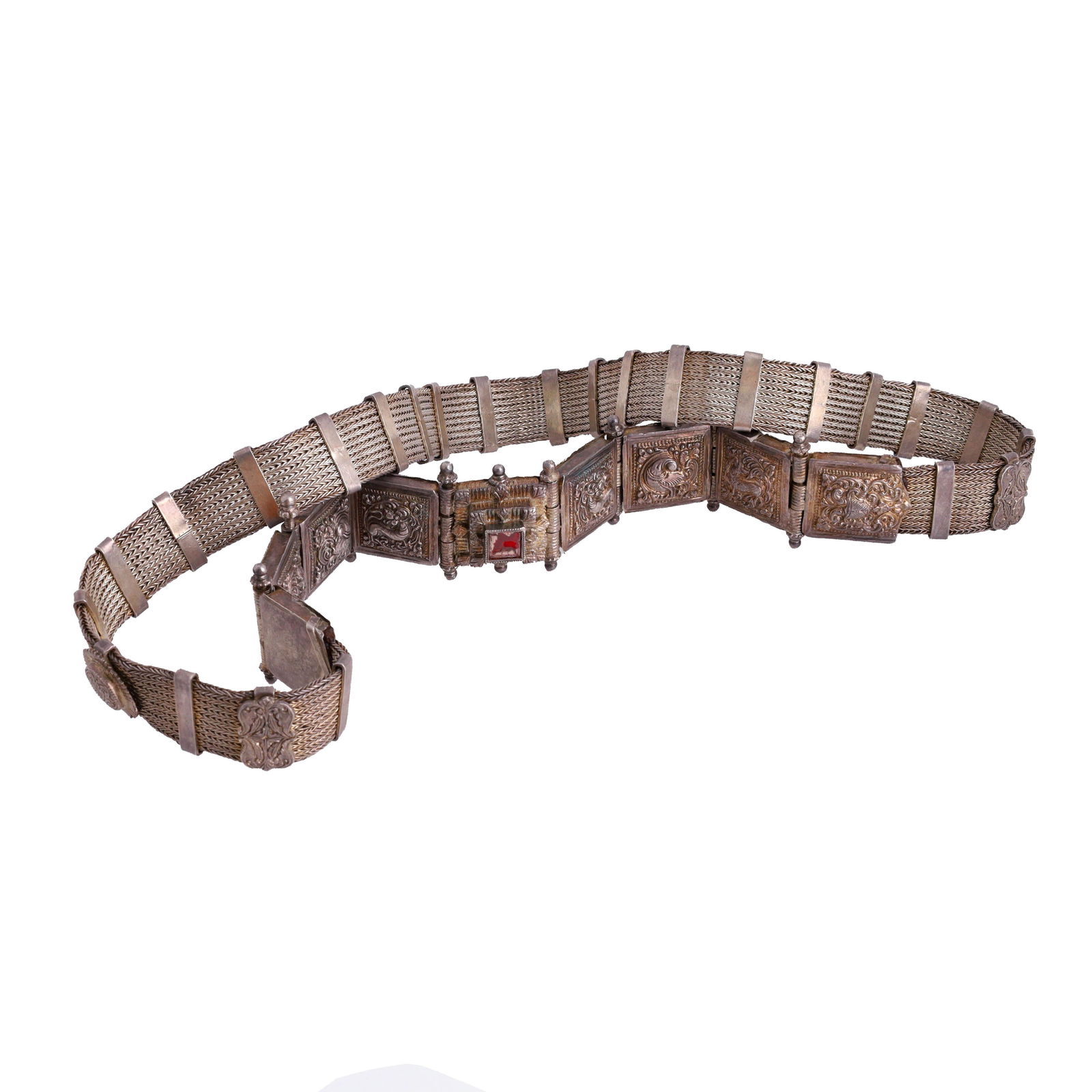 Ornate Silver Indian/Russian Belt: Ornate silver Indian/Russian belt. The belt's strap features regal Russian crests and emblems, while South Indian panels and a jeweled glass inlay decorate the buckle and ends. Cross-cultural