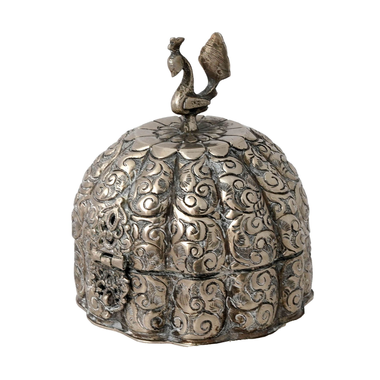 Indian Silver Trinket Box: Indian silver trinket box. The lid is crowned with a peacock finial and closed with a clasp on the front. Dimensions: 3 1/2 x 3 1/4 inches. weight: 174 grams