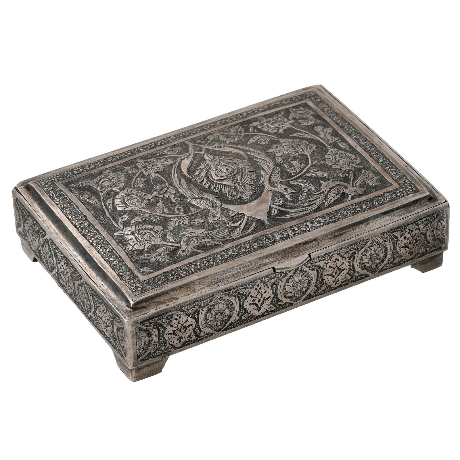 Persian Silver Chased Table Box: Persian silver chased table box. Persian markers mark and 84 silver mark on bottom. Early 20th century. Dimensions: 5 3/4 x 3 3/4 x 1 inches. weight: 395 grams