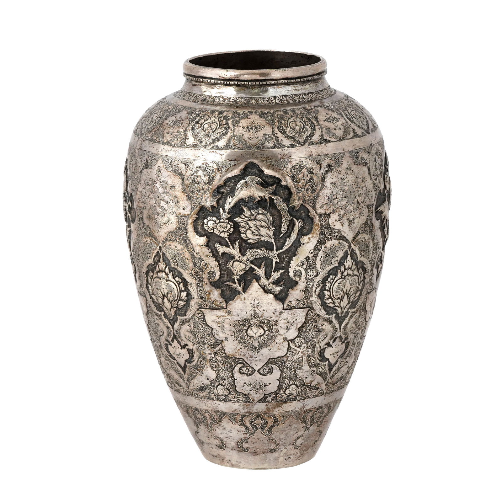 Persian Silver Hand-Chased Vase: Persian silver hand-chased vase. The body of the vase is covered with fine detailed floral patterns that frame stylized flower and bird medallions. Persian makers mark and 84 silver mark on the