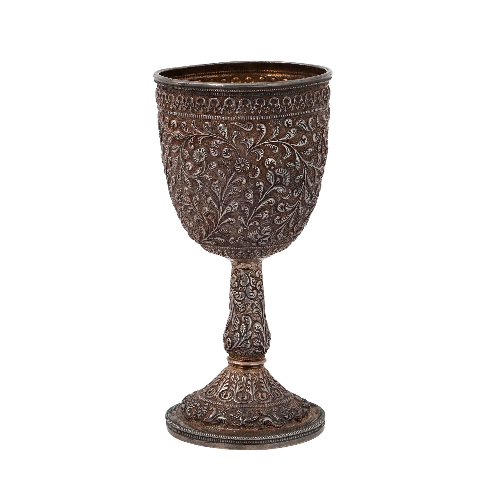 Indian Silver Hand-Chased Goblet: Indian silver hand-chased goblet. Dimensions: 7 x 3 1/2 inches. weight: 293 grams
