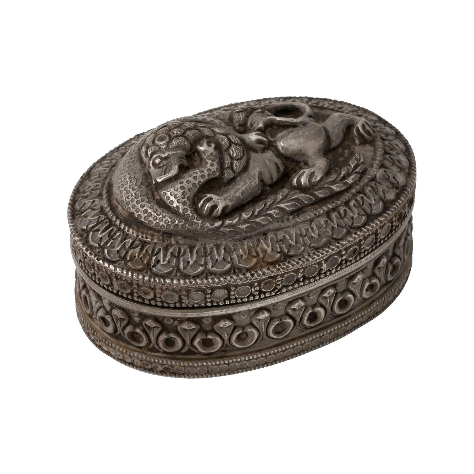 Indian Silver Table Box: Indian silver table box. The lid is hinged and decorated with a lion and tiger quarreling. Dimensions: 3 1/2 x 2 1/2 x 1 1/2 inches. weight: 111 grams