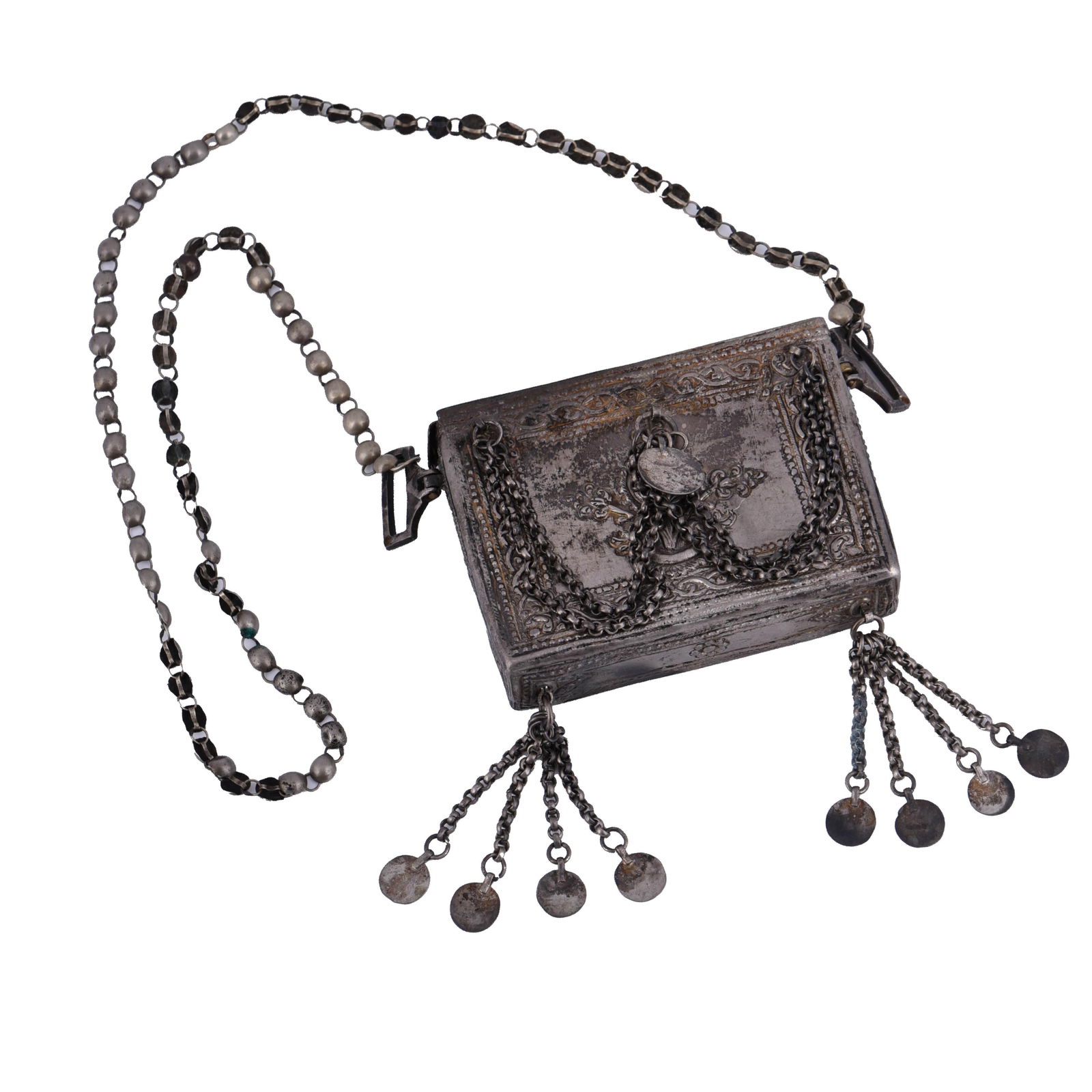 Ottoman Turkish Silver Prayer Holder and Chain: Ottoman Turkish silver prayer holder and chain. The piece is finely detailed with hand-chased Ottoman floral and six-pointed star motifs. Suspended chains and coins along the sides and rim add sound