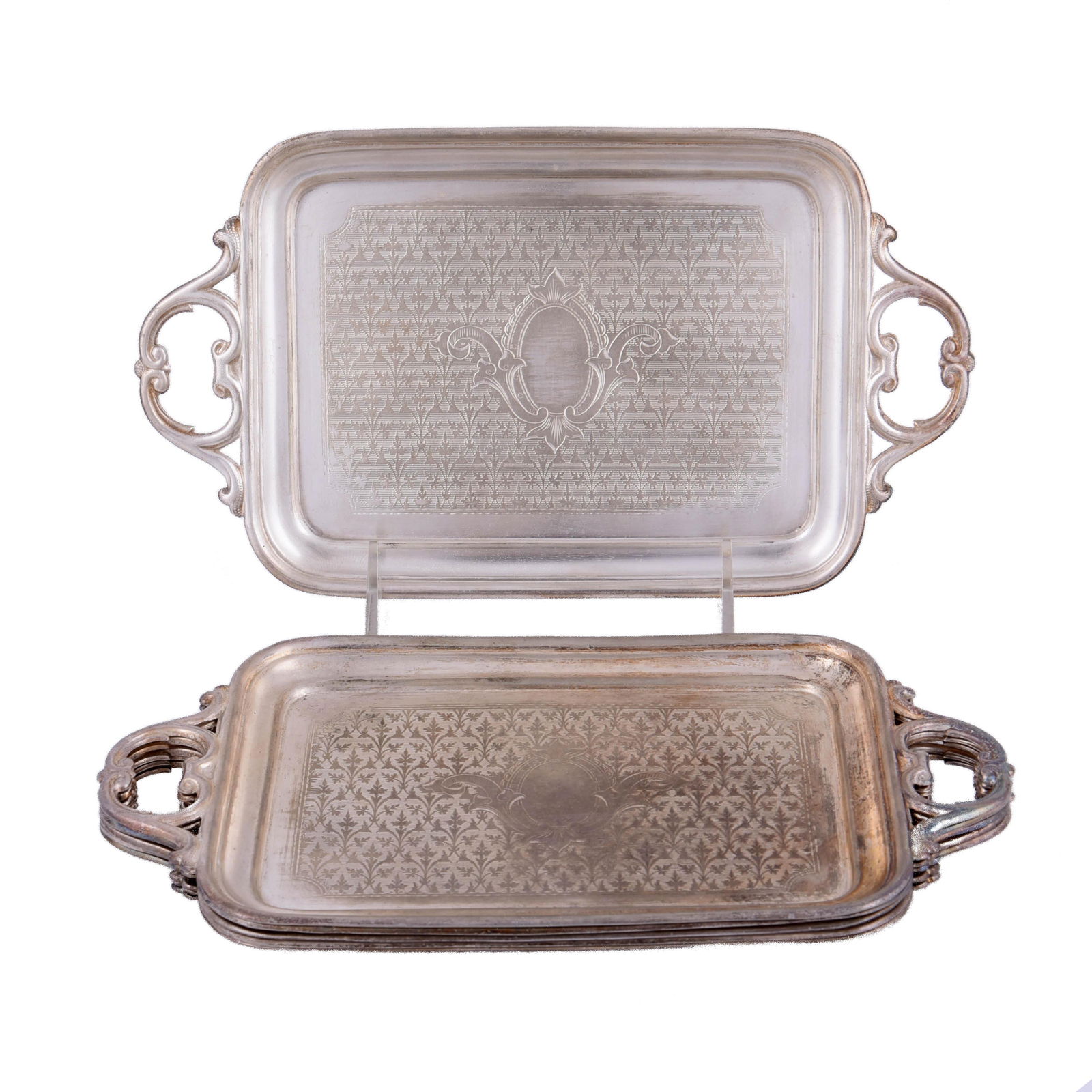 Lot of Six Norblin & Co Silver-Plated Trays: Lot of six Norblin & Co silver-plated trays. 19th century. Company makers mark on bottom. Persian Market. Dimensions: 8 3/4 x 5 inches.