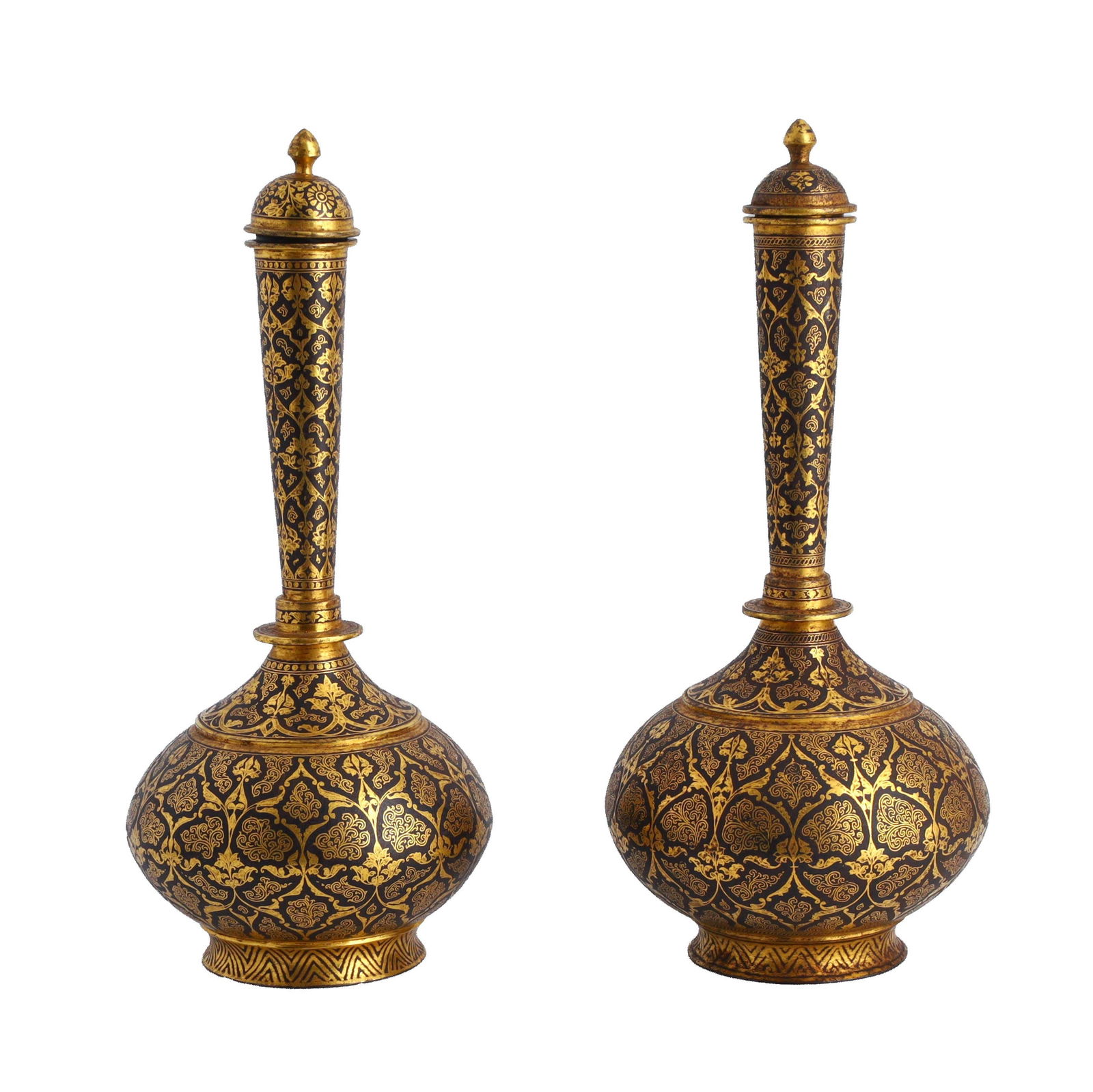 A Pair of Indian Bidri Covered Vases: A pair of fine Indian Bidri covered vases. 19th century. Height 12 inches.