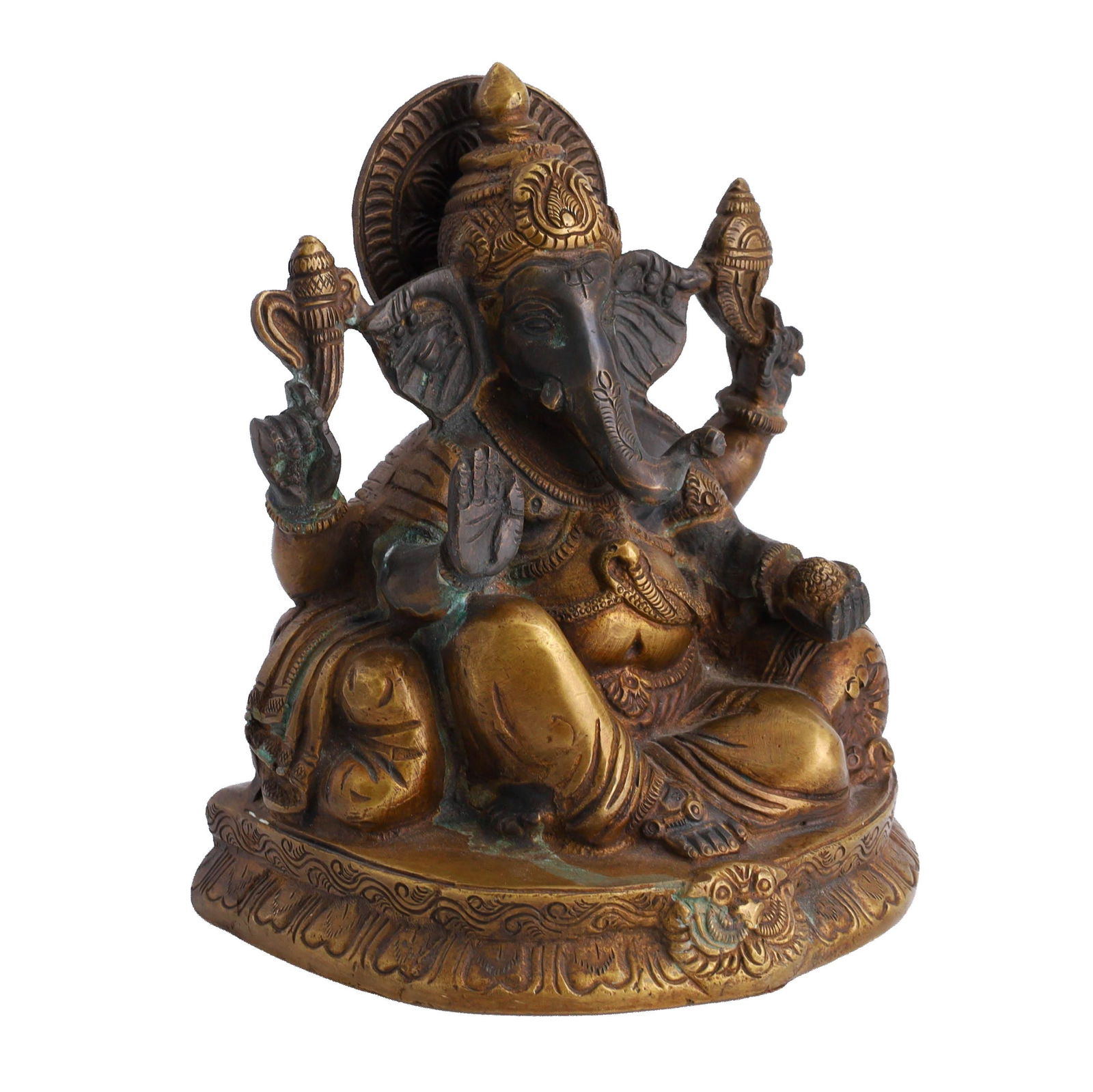 Indian Bronze Lord Ganesha Figure: Indian bronze Lord Ganesha figure. Lord Ganesha sits atop a lotus pedestal while holding various, traditional elements in his hands. Dimensions: 6 1/2 x 5 3/4 x 3 3/4 inches.