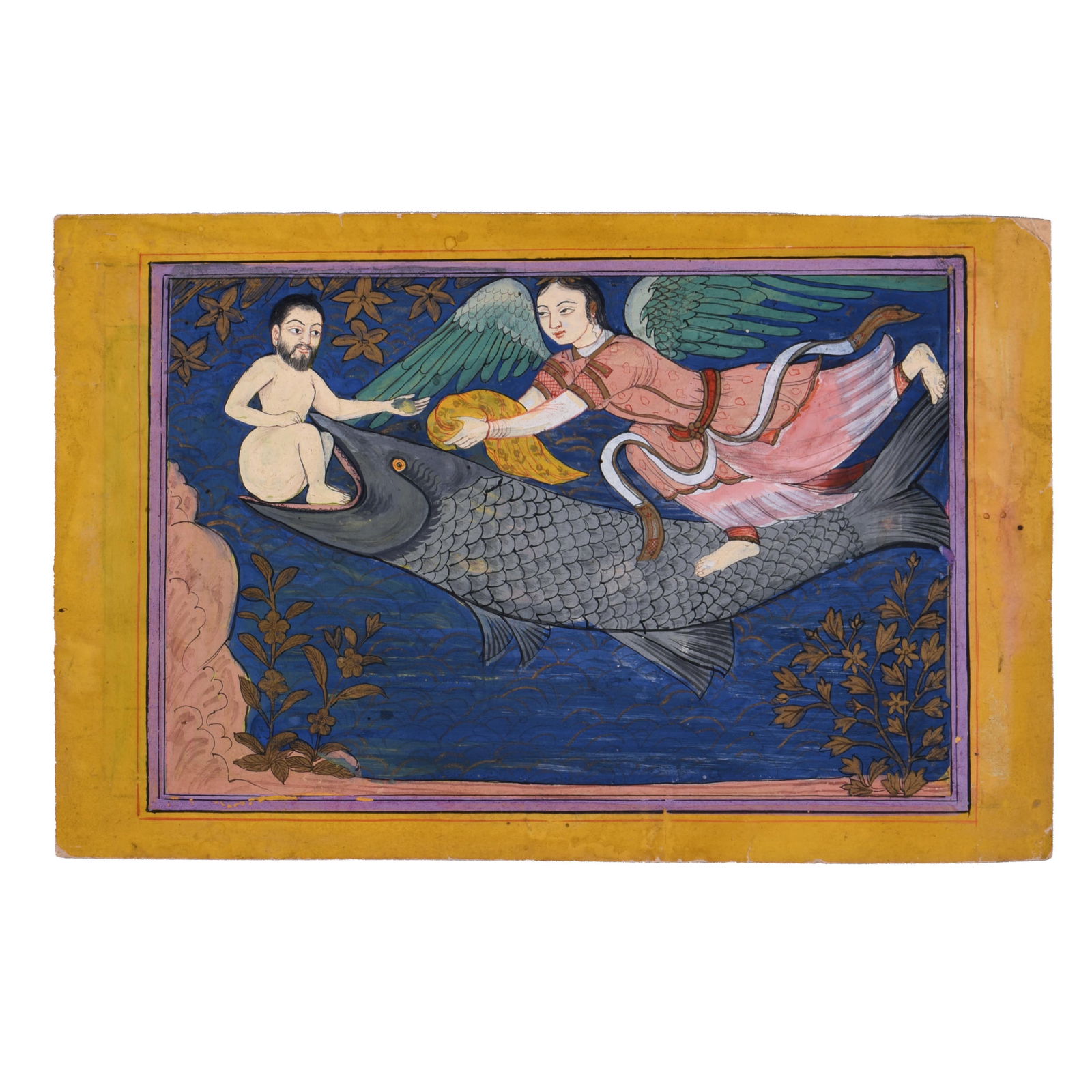 Qajar Miniature Painting of Jonah and the Whale: Qajar miniature painting of Jonah and the Whale. Painted in polychrome watercolor and gilt is Jonah being released from the belly of the whale with an angel above him. 19th century. Dimensions: 7 3/4