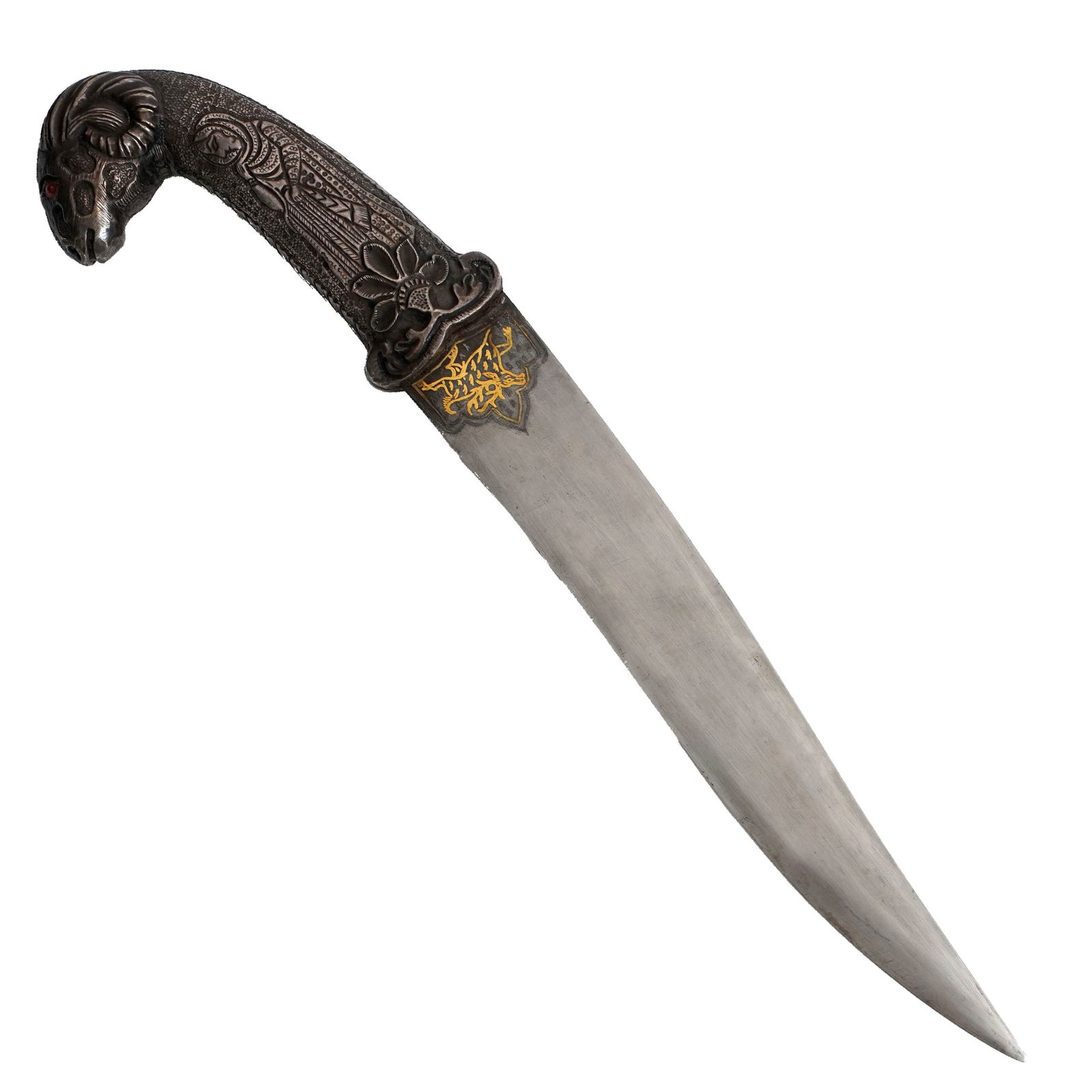 Indian Silver-Mounted Dagger with Gold Koftgari: Indian silver-mounted dagger with gold koftgari. The dagger has a ram head handle hand-chased with a depiction of a prince and princess on opposite sides. Koftgari goldwork where the blade meets the h